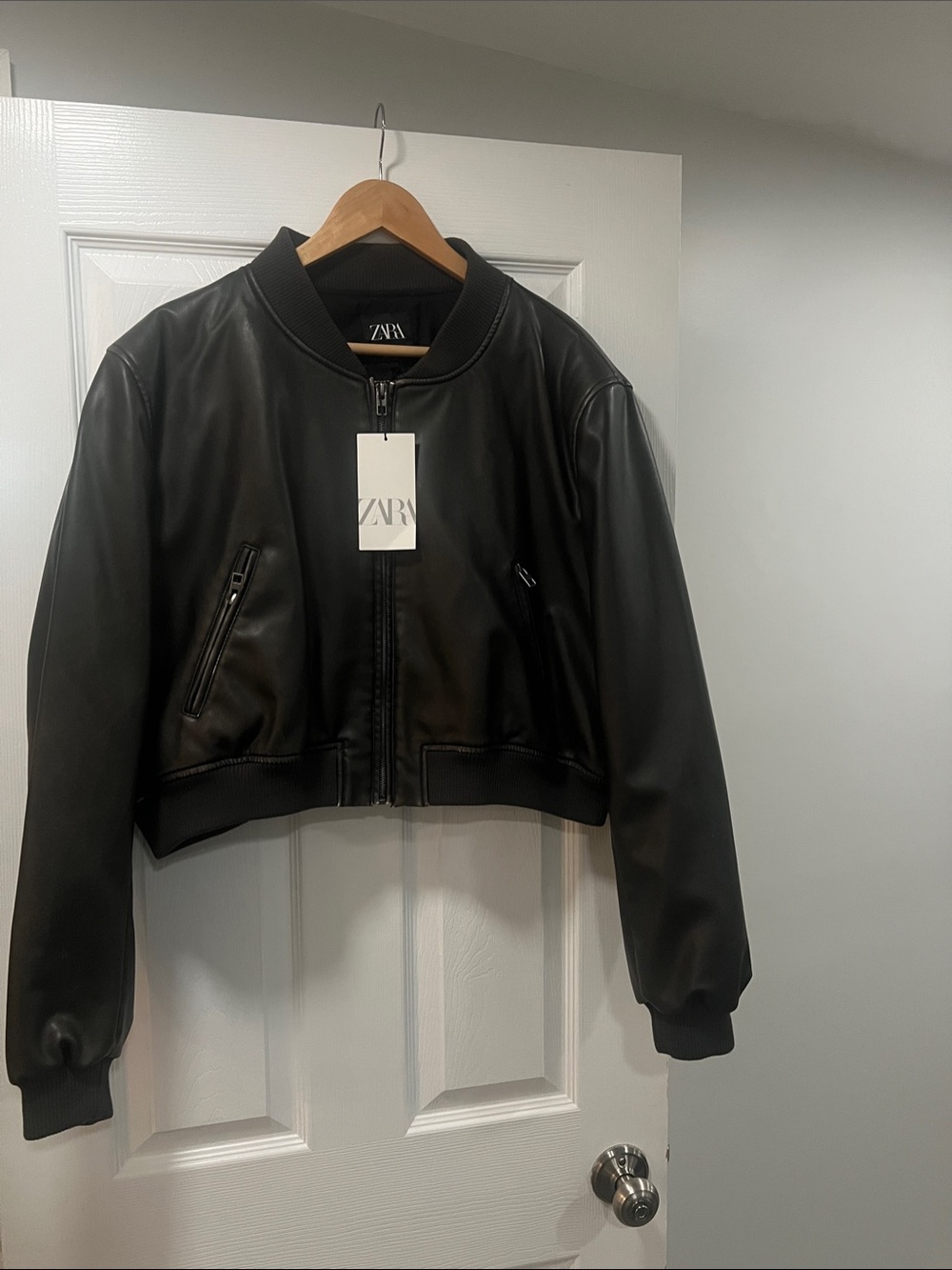 Zara Brown/BronzeOil Slicked Cropped Faux-Leather Bomber Jacket with Ribbed Trim